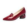 Sapatos de vestido vermelho senhora mulheres preto patente couro apontou toe barco med saltos bombas zapatos mujer plus size 35-42