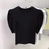 Kvinnors tröjor Spring Summer Fashion Slim Solid Color Sticked Short Pullover Kvinnor O-Neck Puff Sleeve White Black Ladies tröja