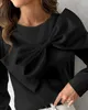 Damen-T-Shirts, lässige Damen-Kleidung, mit Schleife, Dekor, koreanisches Langarm-Oberteil, Frühlings-Herbst, solide, schlanke, elegante schwarze Bluse mit Rundhalsausschnitt