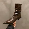 Boots High Heel Ankle Women Fall Winter Pointed Brown Zip Leather Fashions Sexy Pleated Designer