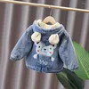 Jackets 2024 Korean Autumn Winter Baby Boys Denim Jacket Cartoon Bear Hooded Plus Velvet Outerwear Coat 1-6 Year Kids Parka Outfits
