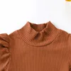 Ensembles de vêtements pour enfants en bas âge, 2 pièces, tenues à manches longues, col roulé, hauts tricotés, mini jupe en cuir PU, ensemble de vêtements d'automne et d'hiver