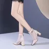 Botas verão chegada moda grossa saltos altos apontados dedo do pé corte oco malha couro genuíno mulheres tornozelo curto moderno 2304