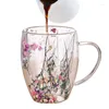 Tasses de fleurs séchées, tasse en verre à double paroi, tasse isolée résistante à la chaleur, café de 350ml avec poignée anti-brûlure pour