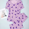 Women's Sleepwear Heart Print Pajamas Set Crew Neck Short Sleeve Top & Elastic Waistband Pants Loungewear