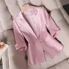 acetic wcid stretch Satin Slim Weist Joker Blazer Women Summer Net Red Croped Sleeve Professional Pure Pure Color Suct