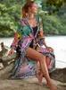 Podstawowe sukienki swobodne nadruk bohemian plus size Batwing Rękaw długi sukienki kimono Sukienki Summer 2024 Kobiety luźne kombinezon na plażę przykrycie Q1512 T240227