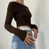 Kadın Sweaters Cutactpsycho Katı Kahverengi Knaklı Tulma Slash Boyun Şık Uzun Kollu Kıyafetler Günlük İnce Vintage Estetik Giysiler