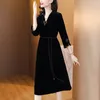 Casual Dresses 2024 Fashion Silk Velvet Dress Women's Autumn Versatile V-neck 7/4 Sleeve Loose Fit Leisure Vacation Party Vestidos