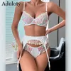 Bh Sets Aduloty Vrouwen Sexy Ondergoed Prachtige Bloem Kant Geborduurde Bh Kousenband String Dunne Mesh Perspectief Lingerie Driedelige Set