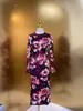 European fashion brand dark purple silk floral print tight fitting crew neck long sleeves midi dress