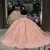 Ljusrosa glänsande prinsessa älskling boll klänning quinceanera klänning långärmad pärlor applikationer festklänningar vestidos de 15 anos