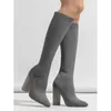 Boots Autumn Women's Knitted Elastic Comfortable Mid Sleeve Long Grey Pointed One Step Thick Heel Fashion 35-42