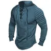 Men's T Shirts Men Ruched Top Long Sleeve Solid Color Vintage Style Stand Collar Lace-up Pullover With Pleated For Casual