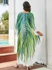 Grundläggande casual klänningar Boho plus storlek Kvinnor Kläder Grön Plant Leaf Printed Kaftans Beach Wear Dress Slit Sarong Autumn Bading Suit Cover Up Q1588 T240227