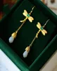 Dangle Chandelier Silver Inlaid Natural An White Jade Orchid Dragonfly Long Ears Chinese Style Antique Gold Craft Charm Women35164200