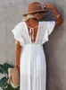 Grundläggande casual klänningar Sexig djup V-ringningsfjäril ärmhylsa Självbältet Hög midja-knapp Front Öppen 2024 Summer White Women Beachwear Maxi Dresses Q1208 T240227