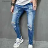 Men's Jeans New Ripped Solid Color Skinny Jeans Mens Elastic Small Foot Hole Motorcycle Denim Trousers Male Streetwear T240227