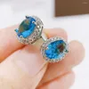 Boucles d'oreilles pour femmes, lumière de luxe en forme d'œuf, Zircon bleu, couleur argent, cadeau de mariée, bijoux à la mode E009