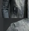 Mens denim ceket modaya uygun retro moda gündelik stand-up ferhir ceket yakışıklı bisikletçi giyim denim üstleri 240226