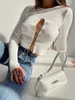 Chain Bandage Gebreid Dames T-shirt Fashion Casual Effen Kleur Lange mouwen O-hals Geribbelde Top mujer 240227