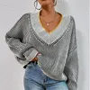 Spring and Autumn V-neck, loose and slim, bat-sleeved sweater, striped contrasting pullover knit top