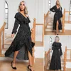 Casual Dresses Polka Dot Printed Lotus Leaf Collar Lantern Long Sleeved Wrapped With Open Hem Vestidos For Women Ropa De Mujer In