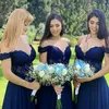 New Navy Blue Lace Chiffon Bridesmaid Dresses A Line Off Shoulder Beads Appliques Top Prom Dresses Formal Graduation Evening Gowns