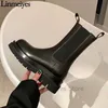 Laarzen Hot Luxe Schoenen Dikke Zool Chelsea Laarzen Vrouwen Platte Platform Mid Kalf Ridderlaarzen Vrouwelijke Casual Motorlaarzen Botas Mujer