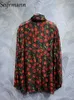 Damesblouses Seifrmann Hoge kwaliteit Lente Damesmode Runway Real Silk Shirts Lantaarn Lange mouw Cherry Gedrukt Strik Los