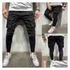 Männer Jeans Schwarz Männer Biker Cargo MTI Tasche Slim Fit Joggers Hosen Männliche Zerrissene Loch Motorrad Streetwear Denim Bleistift Hosen dro Dhwvo