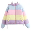 Rockar kvinnor vinter vadderad pufferjacka Rainbow Stripes Hooded Drawstring dragkedja kappa