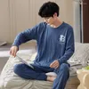 Vêtements de nuit pour hommes Printemps Automne Mode Tricoté Hommes Lettre Plaid Manches Longues Pantalons Pyjamas Ensembles Casual Lâche Coton Lounge Wear