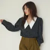 Kvinnors blusar japanska mode Slim Print Women Shirts 2024 Elegant Lapel Long Sleeve Office Lady Mini Blouse Casual High midja Kvinna