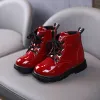 Ao ar livre 2022 menino sapatos das crianças outono couro de patente rendas tornozelo botas do bebê inverno botas da criança à prova dwaterproof água para a menina 1 2 3 4 5 6 ano