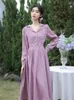 Casual Dresses Retro French Chic Style Lavender Purple Medieval Midi Dress Elegant Women Ribbon Bow Dinner Birthday Vestido Festa