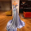 Sky Blue Mermaid Prom Dresses Ruffles Pärlade Elegant sveptåg Kvällsklänningar Robe de Soiree Formell festklänning