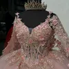 Pink Shiny Princess Ball Gown Quinceanera Dress Beaded Appliques Lace Tull With Cape Party Gowns Vestidos De 15 Anos