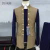 Garnitury mody szary męski garnitur 2 sztuki Slim Fit Chinese Tunik Złote guziki Blazer Spodnie Zestaw stojak kołnierzyka Tuxedos dla mężczyzn