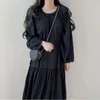 Casual Dresses 2024 Japanese and Korean Fashion Autumn Pullover Gentle Round Neck Pleated Feeling Drawstring Midjen Lång klänning