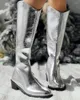 Botlar Buzağı Kadın Metalik Tıknaz Kovboy Tarzı Ayakkabı Kafası Silver Women's Diz-Highed Toe High Botas