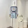 Casual Dresses Top Quality 2024 Silk White Blue Porcelain Print Slash Neck Diamonds Women Mini Dress