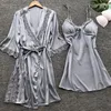 Women's Sleepwear 2PCS Leepwear Female Pajamas Set Satin Home Pyjamamas Lace Robe Sleep Suit V-Neck Wedding Nightwear Wear Nighty&Rob