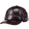Ball Caps Men's Genuine Leather Hat Male Winter Warm Cap Adult Ear Protection Baseball Fur Lining B-0592