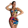 Kvinnor Swimdress Print Monokinis Swim Wears Summer Beach Graghic tryckt o Ring One Piece Halter Swim Dress