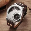 Oulm Fashion Silver Case Men's Watches Dual Time Zone Pu Leather Wristwatch Casual Sports Male Watch Relogio Masculino Wristw3040