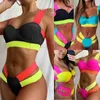 Kvinnors badkläder 2022 Summer Women Neon Color Push Up Bikini Set Bandage Patchwork Swimwear Två stycken Skuret ut simning Suits Female Beachwear XL T240227