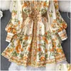 Robes décontractées de base printemps nouvelles femmes rétro style baroque col en V lanterne à manches longues imprimé fleurs simple boutonnage a-ligne courte Dr Dhcbg