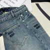 Frete grátis 2024 azul reto solto jeans feminino designer logotipo carta bordado cristais calças jeans femininas 22705