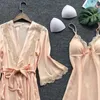 Women's Sleepwear 2PCS Leepwear Female Pajamas Set Satin Home Pyjamamas Lace Robe Sleep Suit V-Neck Wedding Nightwear Wear Nighty&Rob